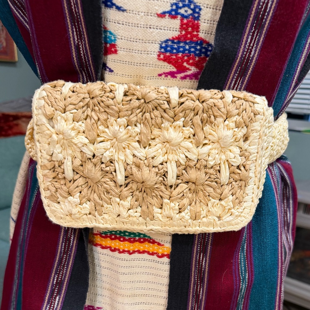 Vintage Cream Tan Neutral Ethnic Woven Travel Belt Fanny Pack Bag Gold Buckle